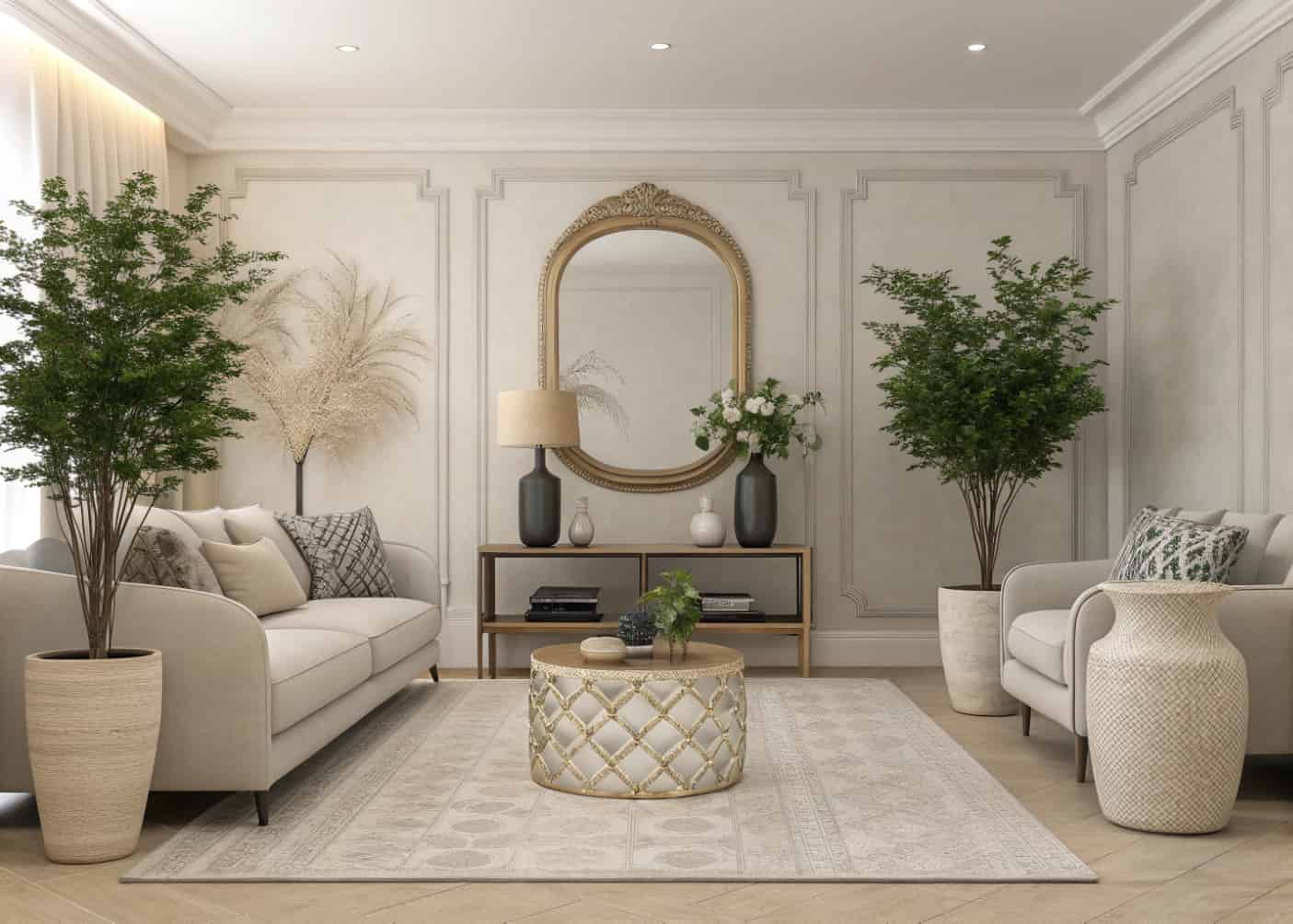 minimal neutral living room decor, plants, statement mirror, elegant vases, cozy modern style