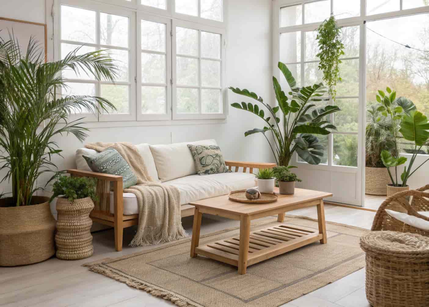 neutral living room with natural wood furniture, indoor plants, linen accents, bright airy space