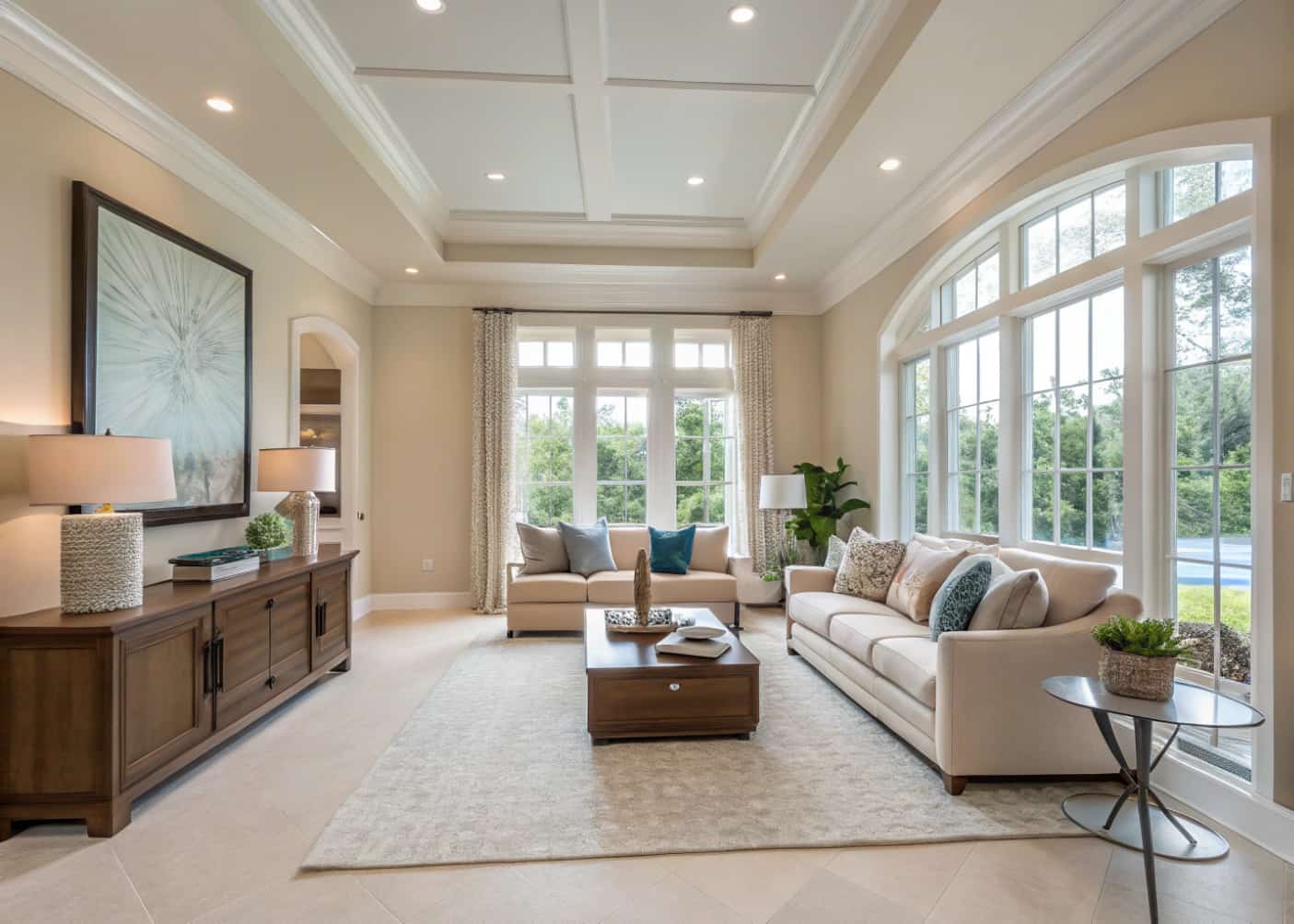 open neutral living room layout, cozy seating area, uncluttered surfaces, modern minimalist interior