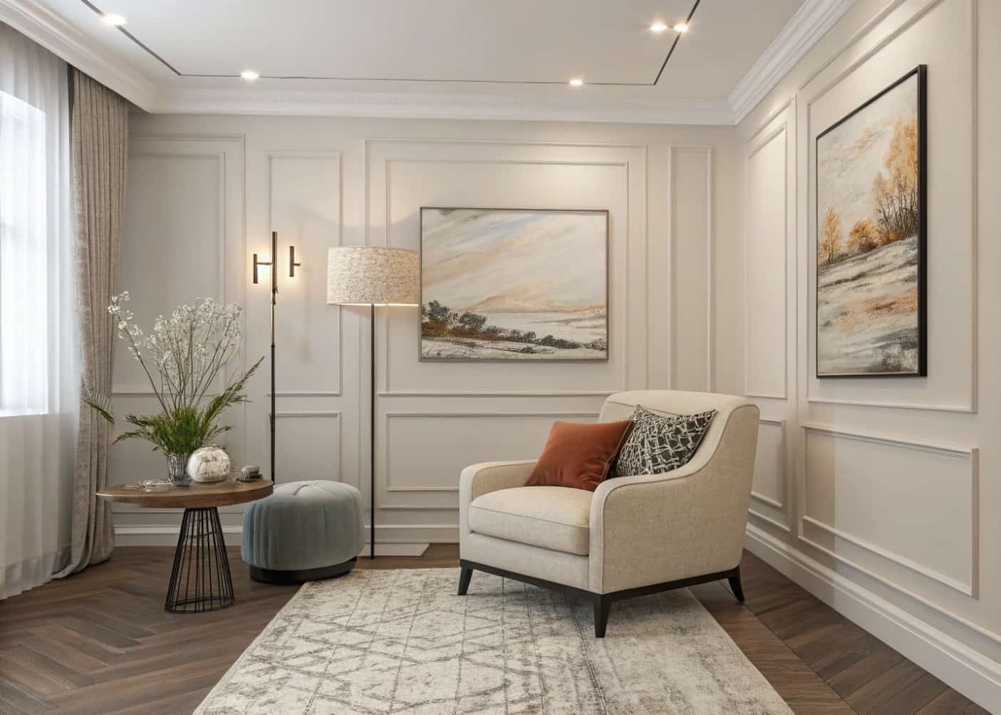 neutral living room with statement artwork, accent chair, modern minimalist design, cozy style