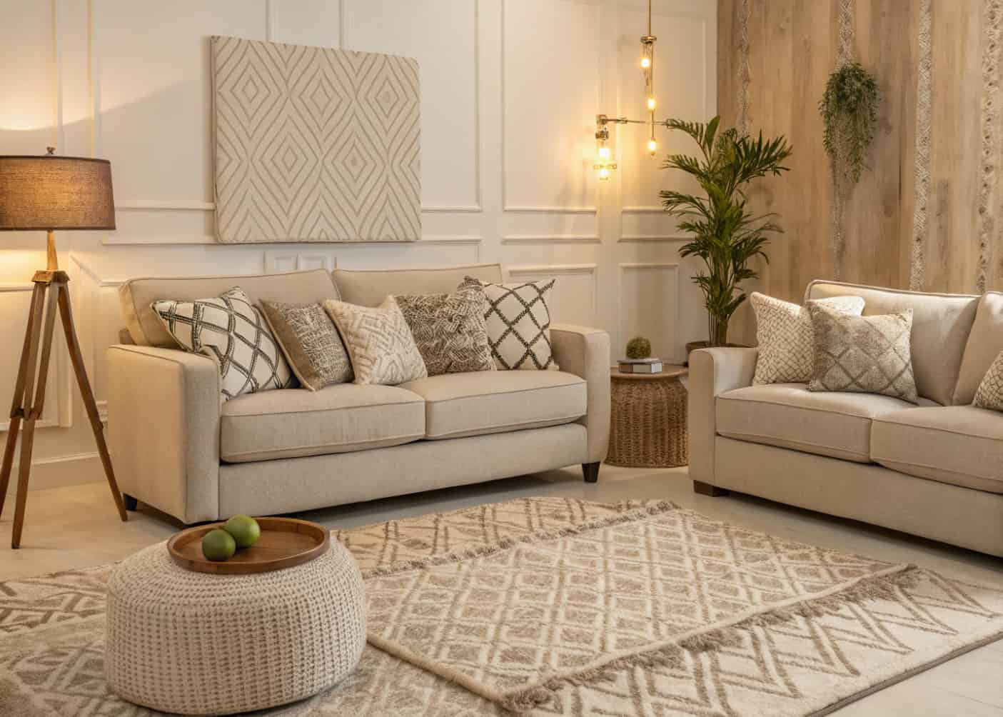 neutral living room with subtle patterned cushions and rug, layered textures, cozy modern decor, soft lighting