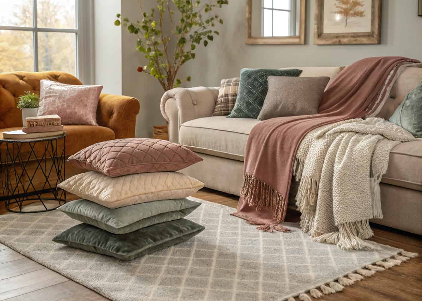 cozy living room with layered textiles, velvet cushions, soft throw blankets, textured rug
