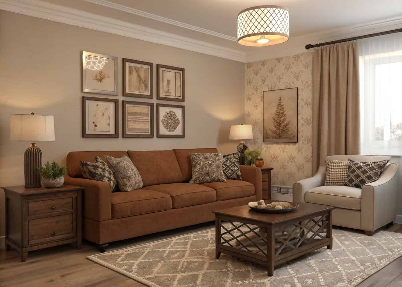 cozy living room with warm neutral colors, soft brown sofa, muted accent decor, modern home