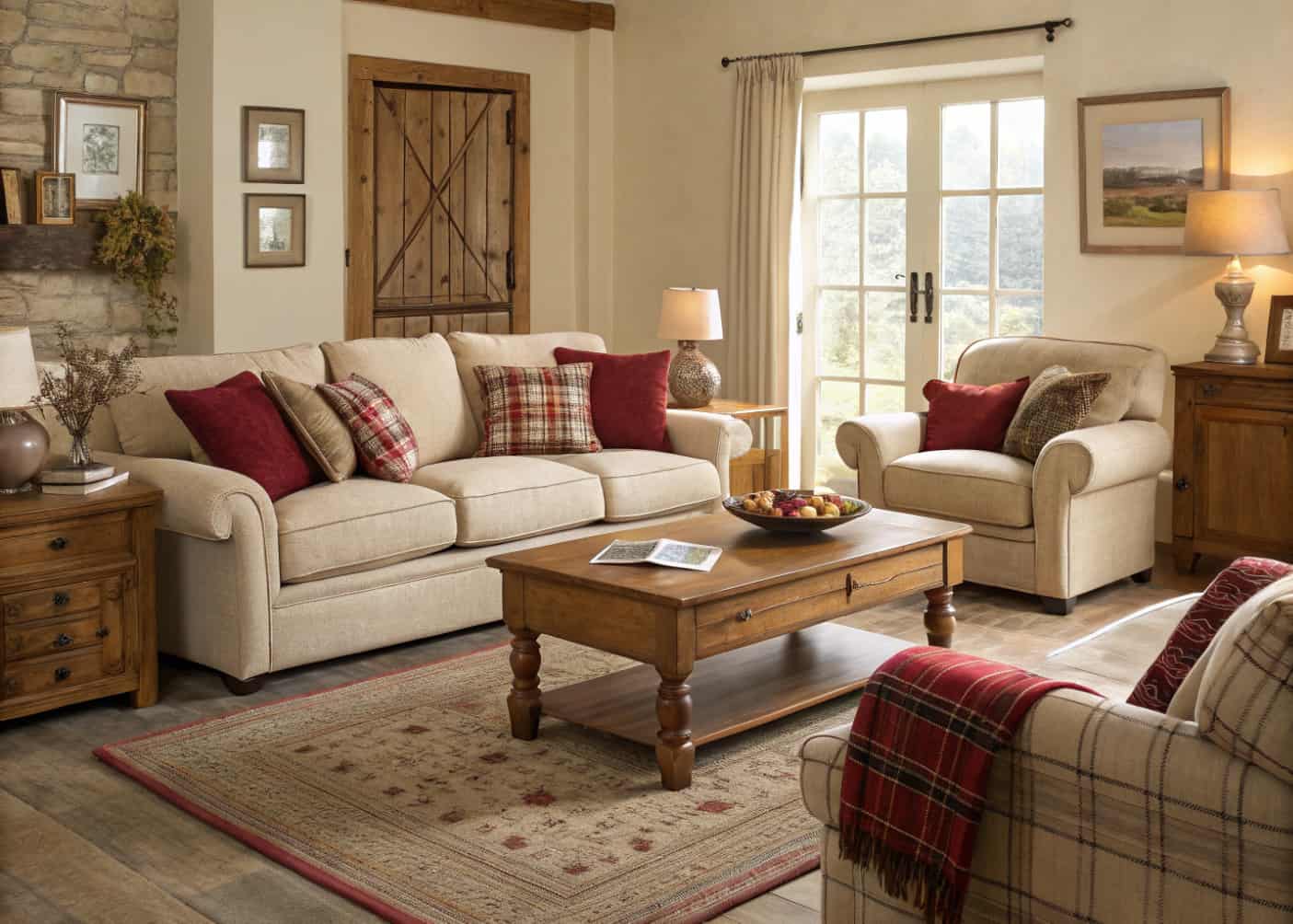 cozy living room with plush sofa, deep armchairs, soft pillows, inviting seating area