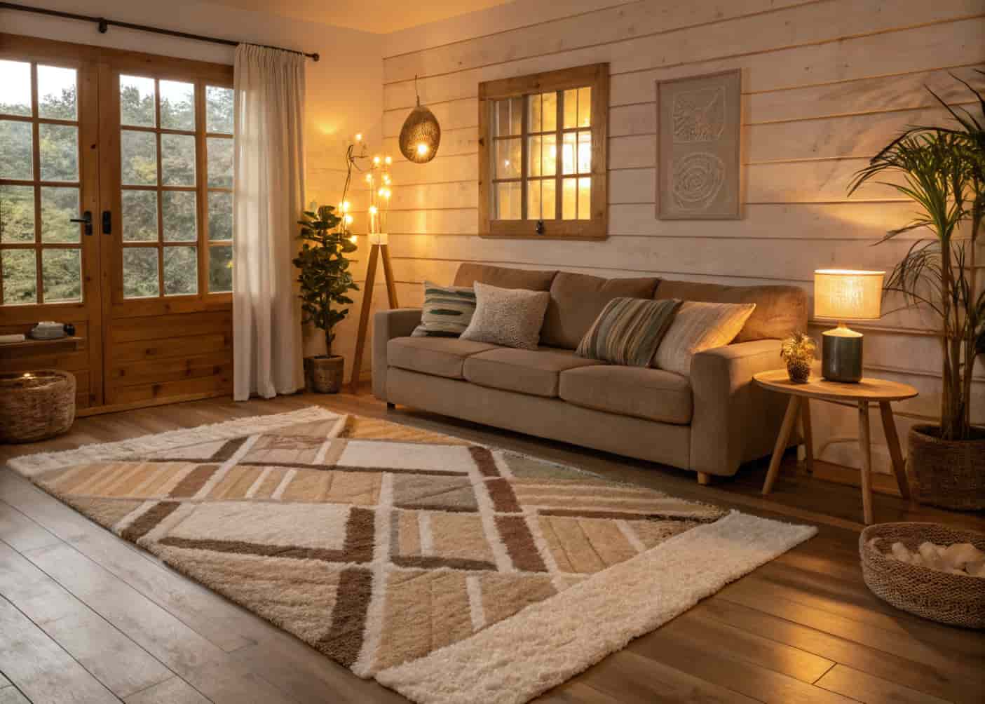 cozy living room with plush rug, layered textures, sofa on rug, warm lighting
