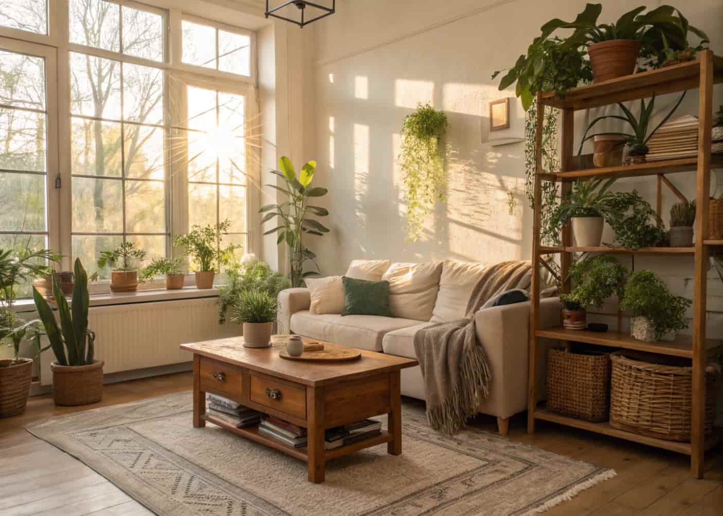 cozy living room with indoor plants, wooden furniture, natural textures, bright sunlight
