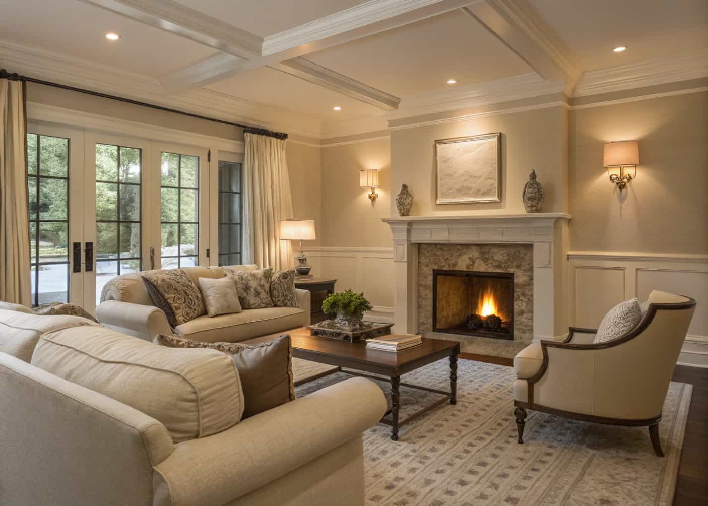 cozy living room with fireplace focal point, neutral colors, plush seating, soft lighting