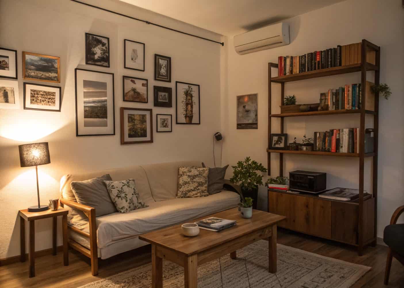 cozy living room with personal decor, framed photos, books, minimal clutter, warm lighting