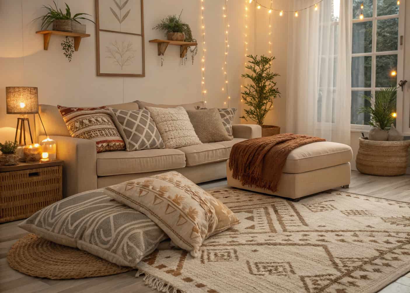 cozy living room with layered patterned cushions and rug, soft textures, warm neutral tones