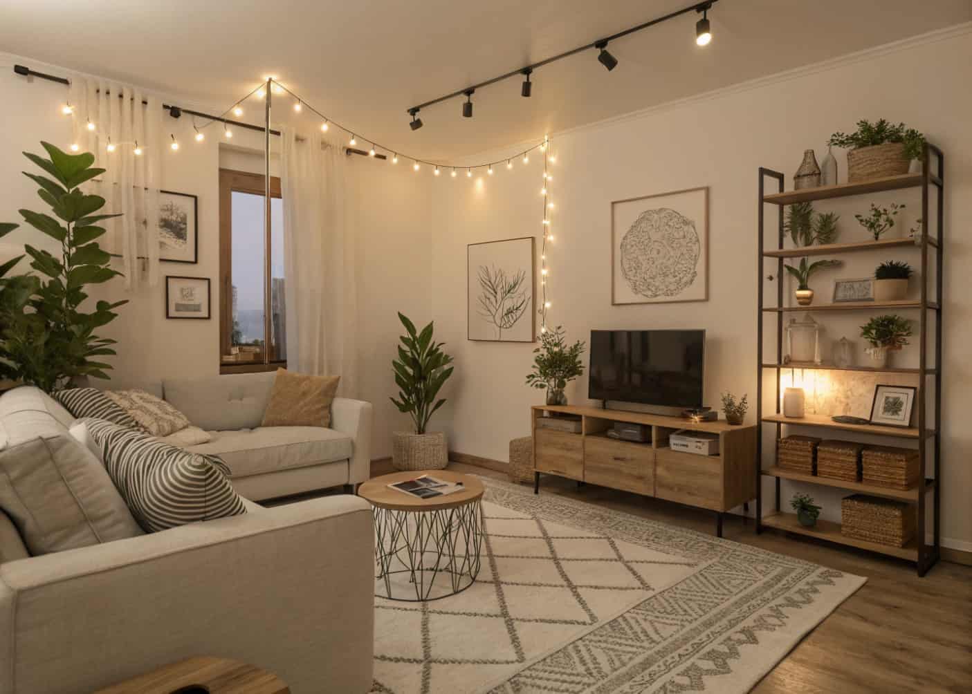 clutter-free cozy living room, organized surfaces, warm and inviting interior, minimal decor