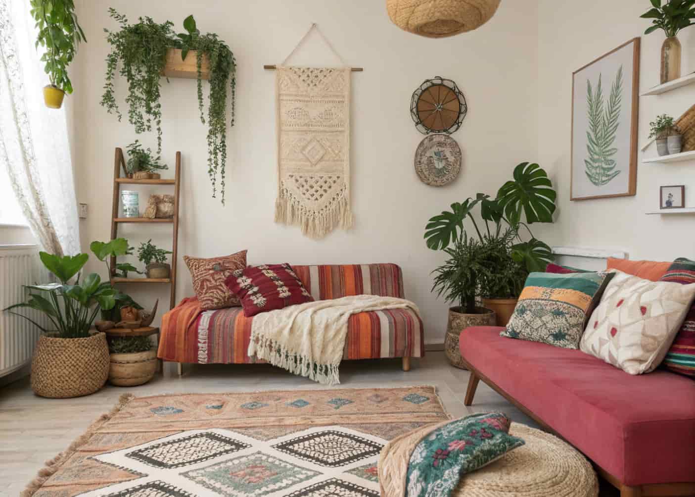 boho living room with layered rugs, textured throws, patterned cushions, cozy eclectic style