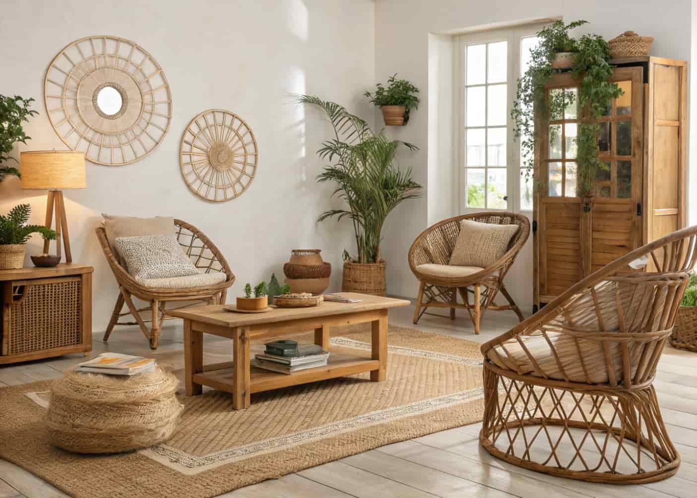 boho living room with rattan chairs, wooden coffee table, jute rug, natural textures