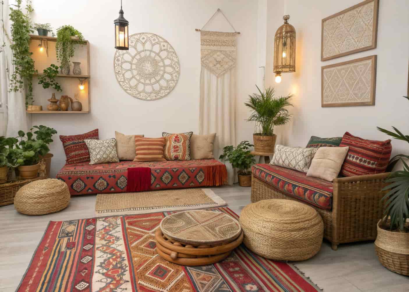 boho living room with patterned cushions, layered rugs, vibrant yet cohesive color scheme