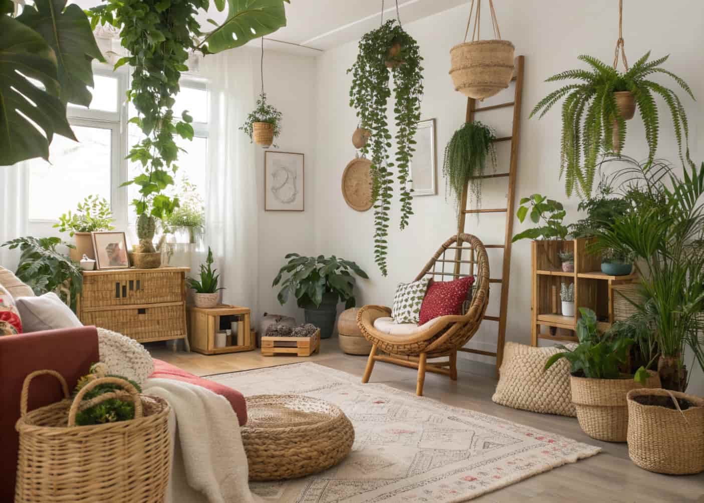 boho living room with hanging plants, leafy potted plants, natural textures, cozy eclectic interior