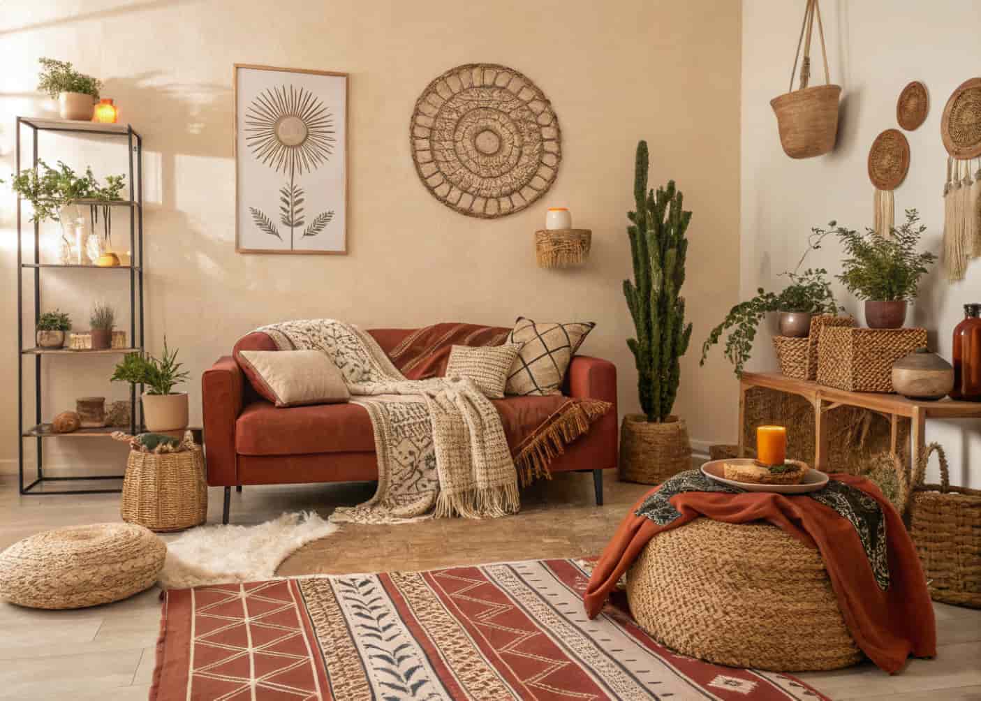 boho living room with earthy color palette, warm tones, terracotta accents, layered textiles
