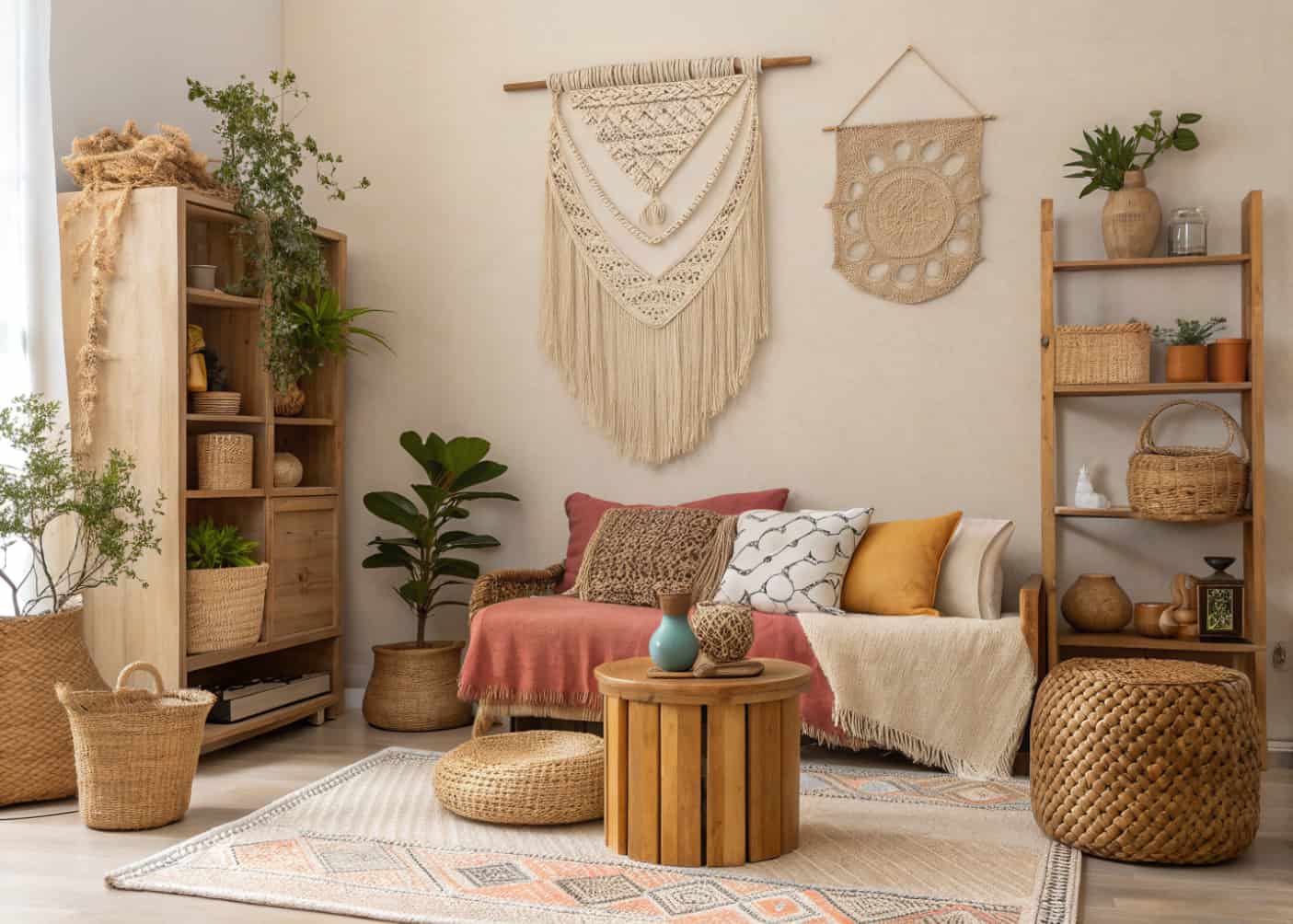 boho living room with macramé wall hanging, handcrafted vases, artistic decor, cozy eclectic space