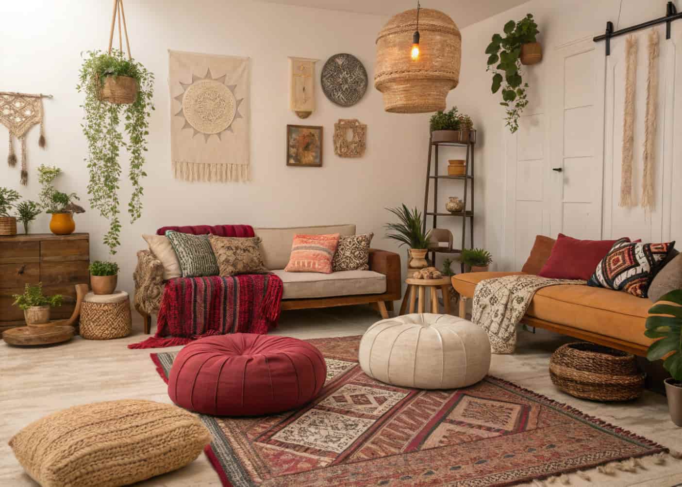 boho living room with layered floor cushions, poufs, cozy sofa, eclectic seating area
