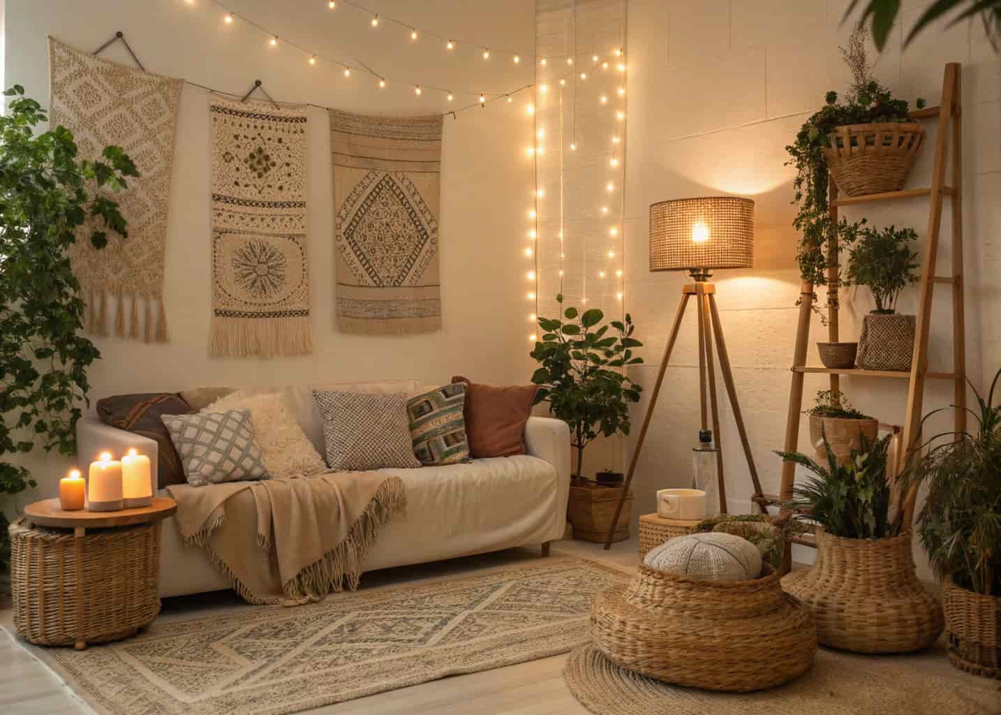 boho living room with string lights, floor lamp, candles, cozy ambient lighting