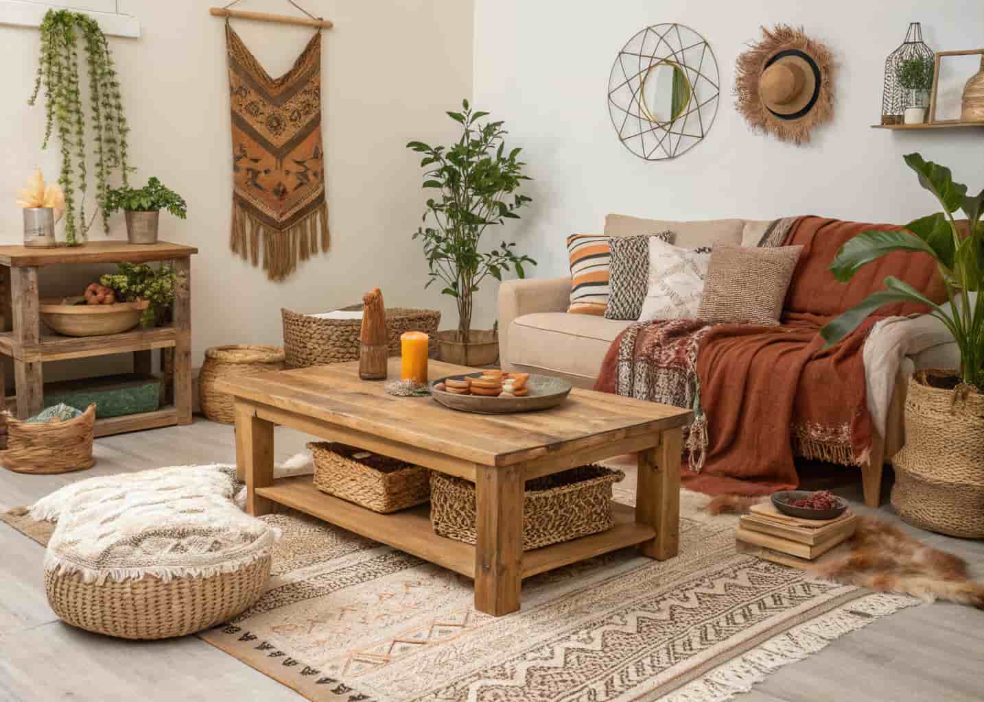 boho living room with low wooden coffee table, layered decor, casual cozy style