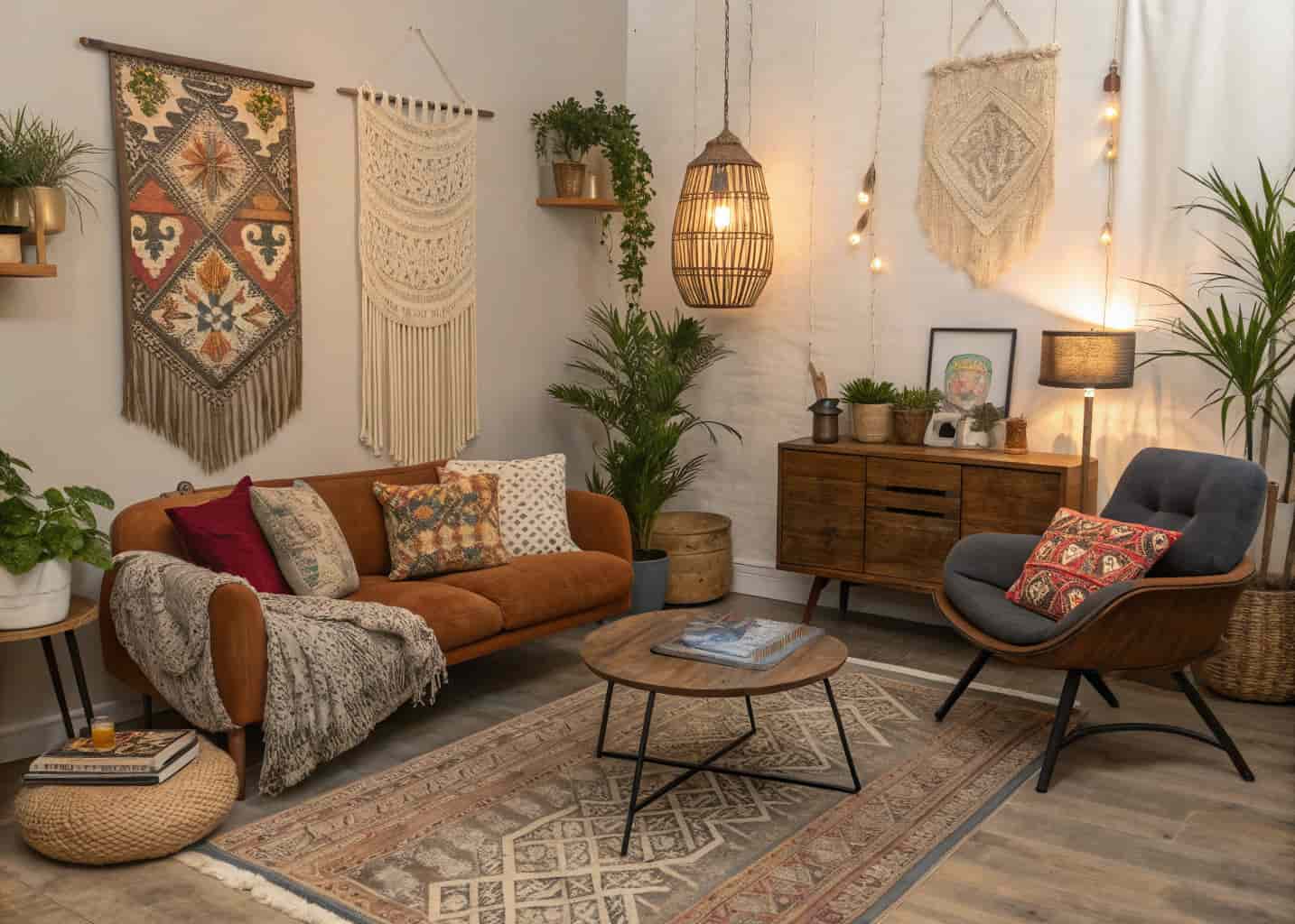 boho living room mixing vintage and modern furniture, layered textures, cozy eclectic interior