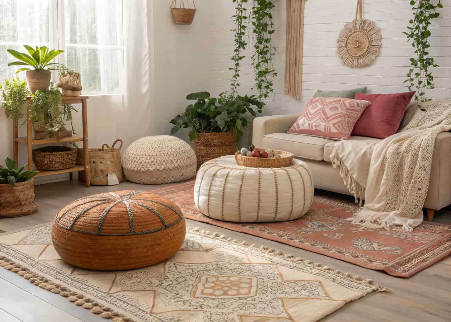boho living room with floor poufs, woven textures, layered rugs, cozy seating