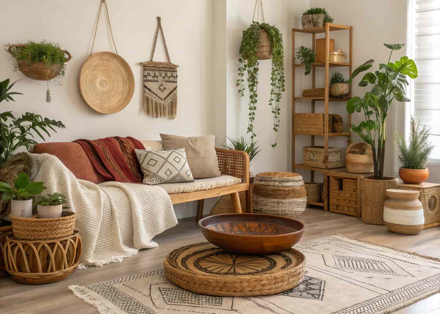 boho living room with natural accents, wooden bowls, wicker trays, cozy textures