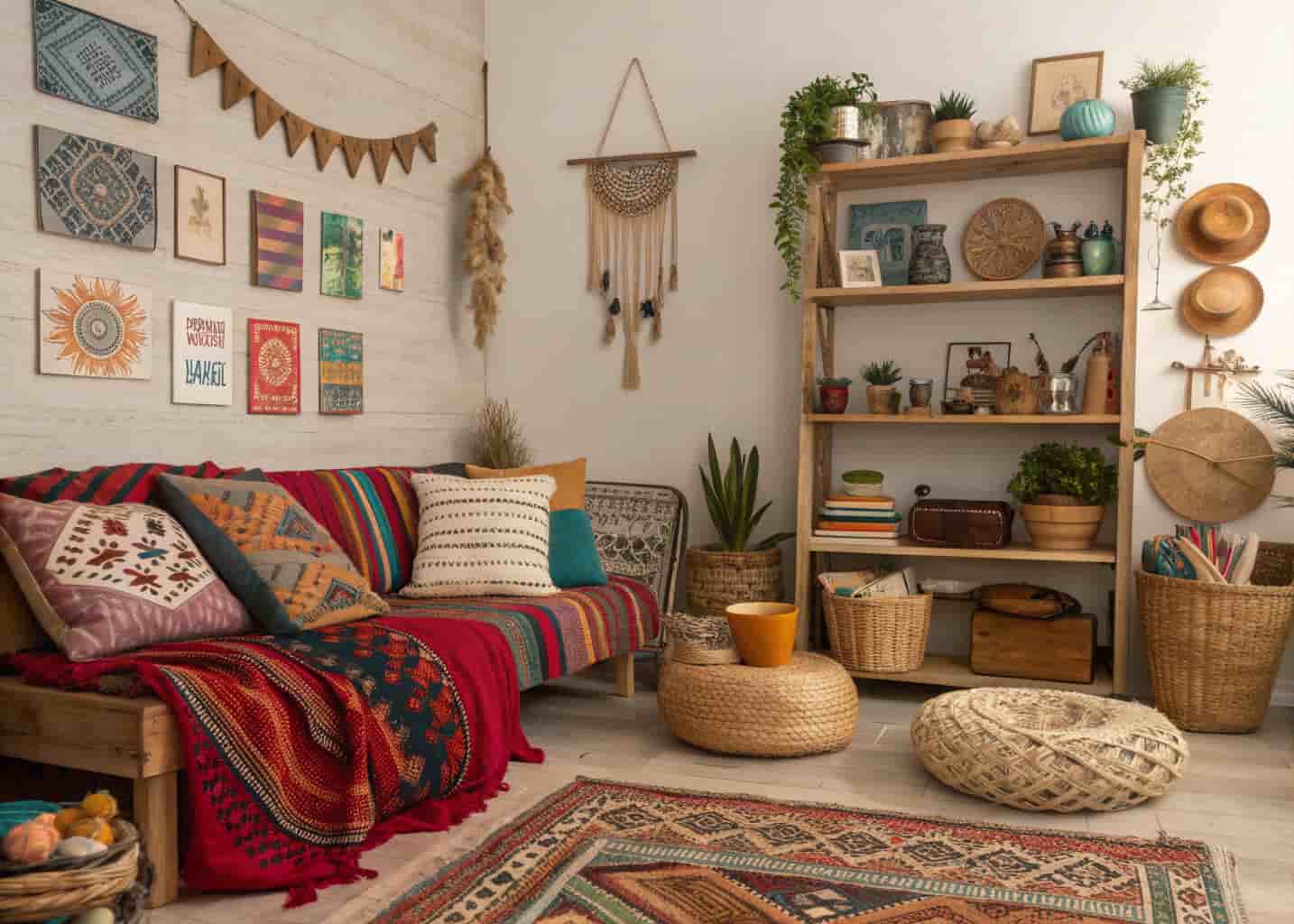 boho living room with personal decor, travel souvenirs, handmade items, cozy eclectic vibe