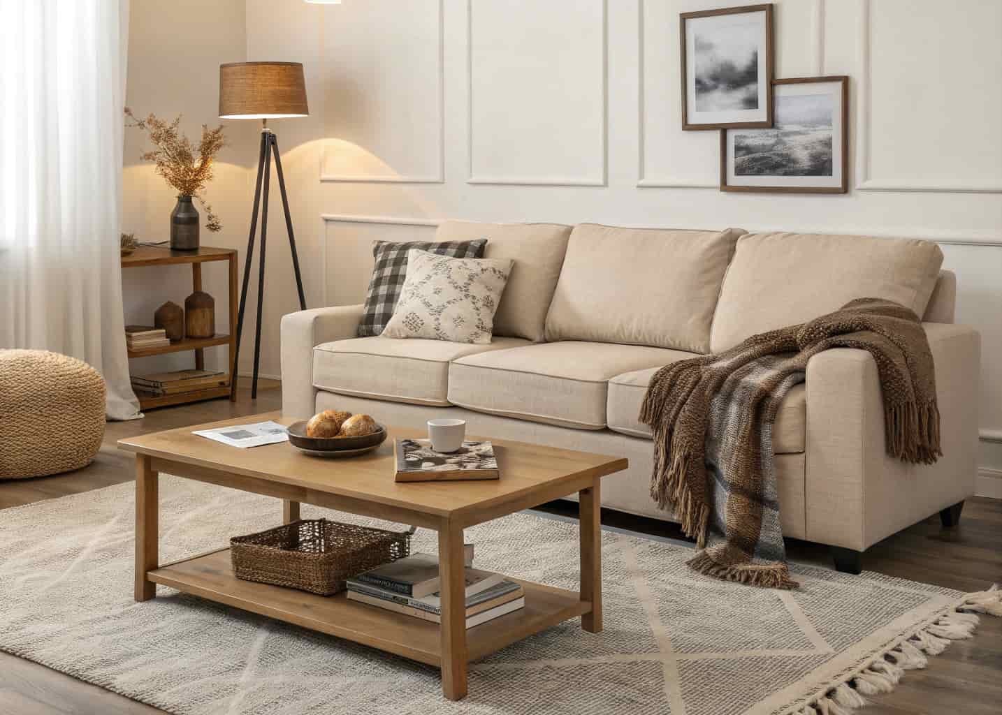 modern neutral living room with beige sofa, wooden coffee table, layered textiles, cozy ambiance