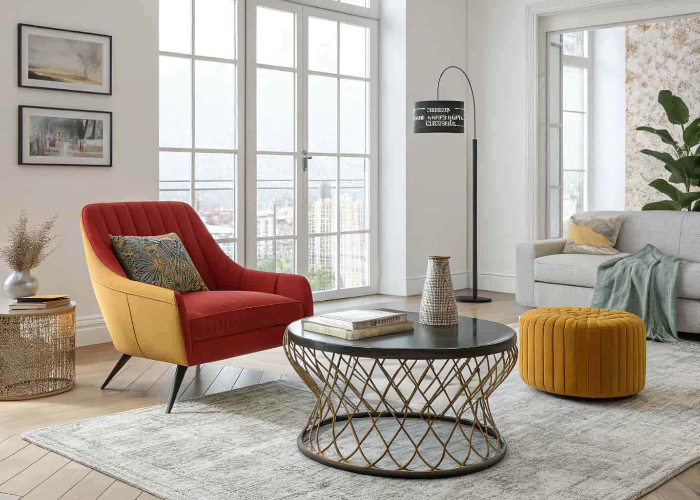 modern living room with bold accent chair, unique coffee table, layered textures, bright interior