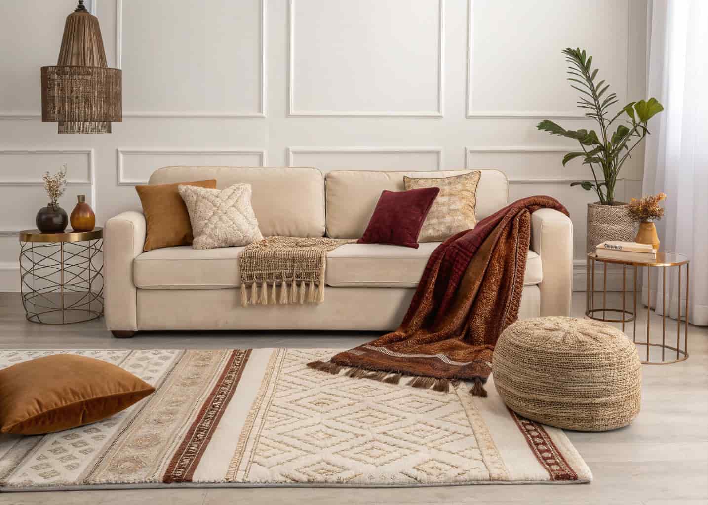 living room with layered rugs, velvet cushions, cozy throws, neutral modern interior