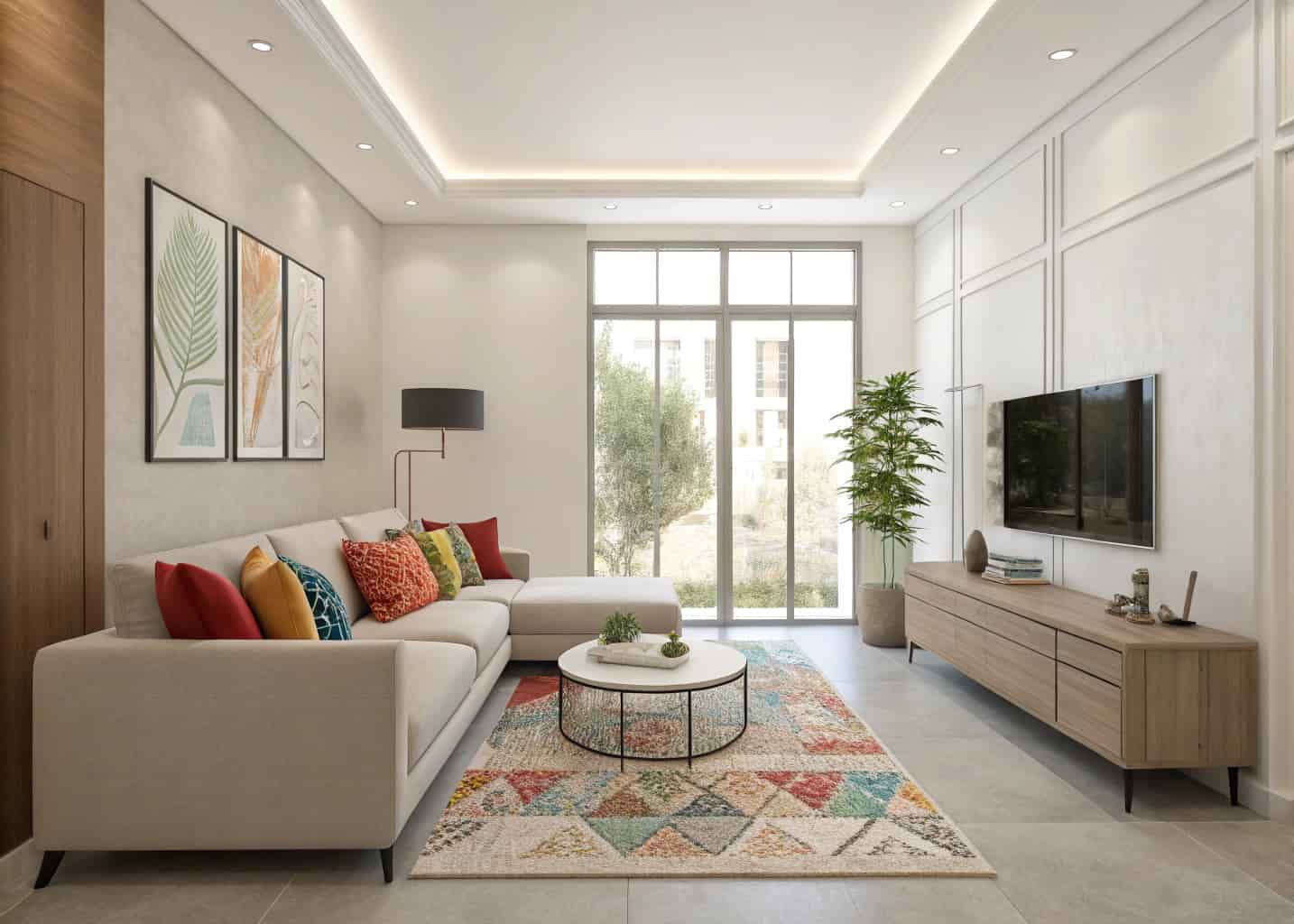 living room with neutral walls and colorful accent cushions, modern minimalist furniture