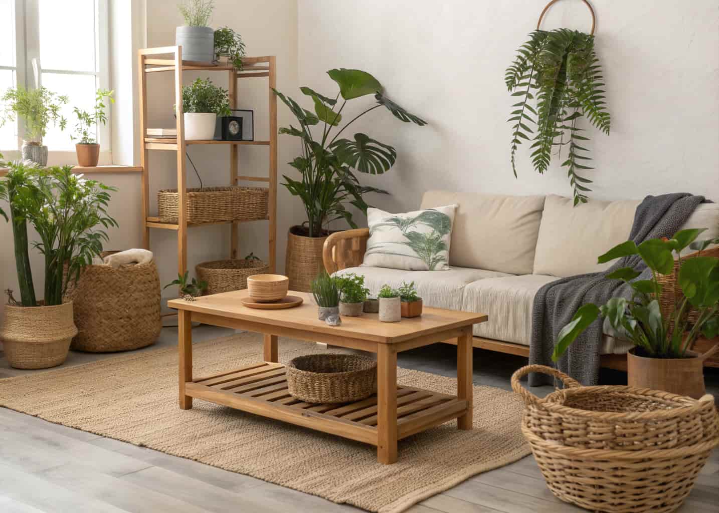 living room with wooden furniture, indoor plants, woven baskets, cozy modern interior