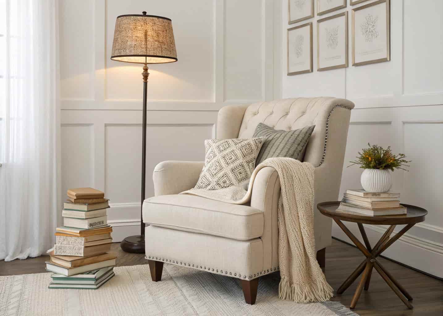 cozy reading corner in living room with armchair, floor lamp, layered throws, neutral decor