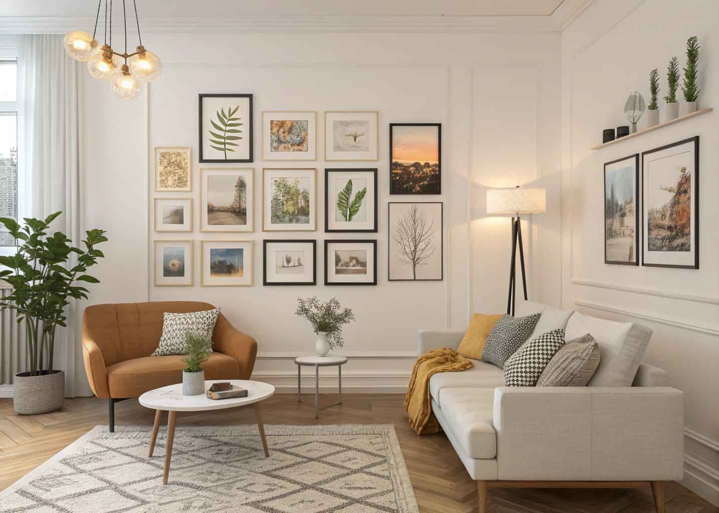 living room with gallery wall, framed art, minimalist furniture, cozy stylish interior