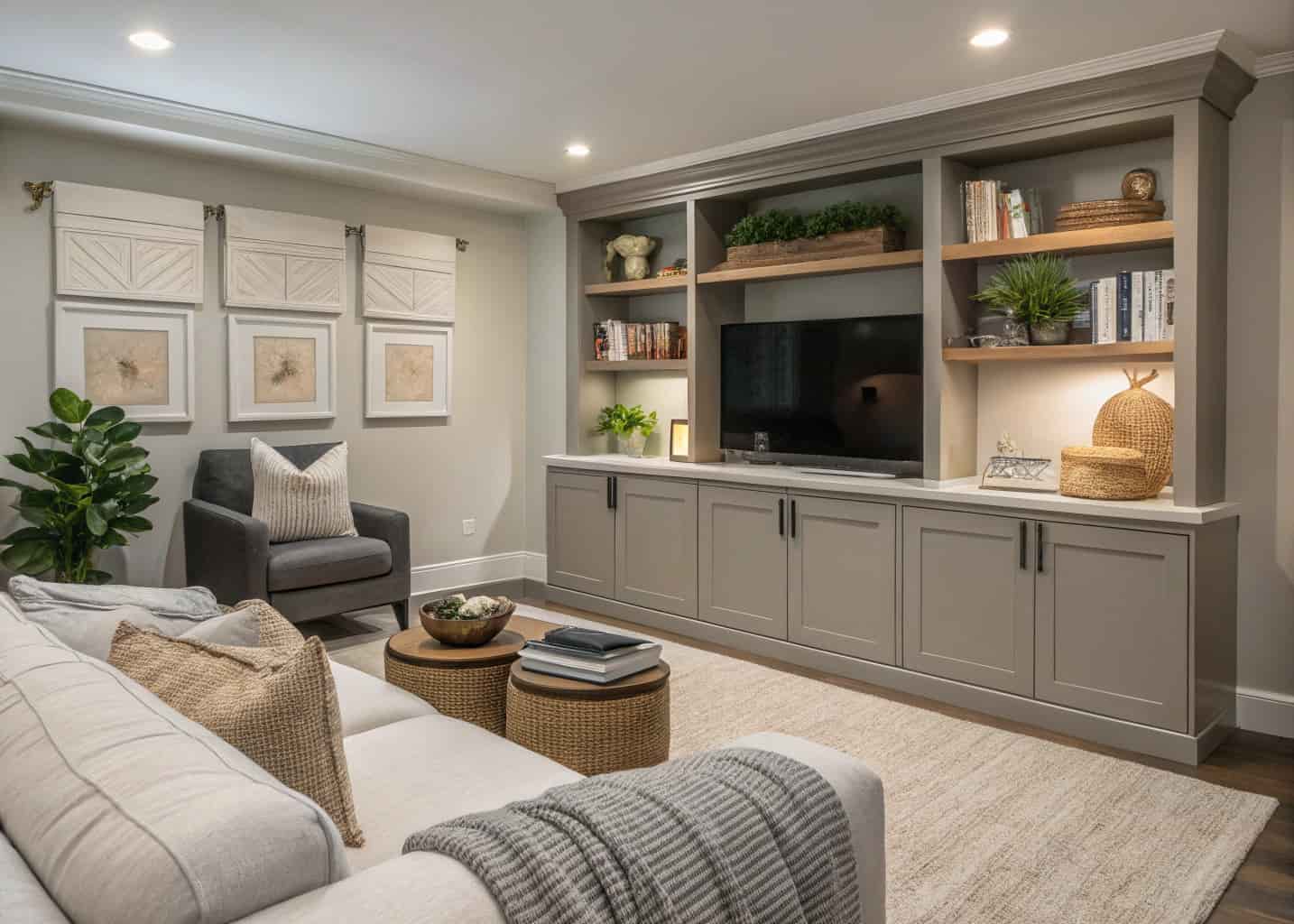 modern living room with built-in cabinets, floating shelves, cozy neutral decor