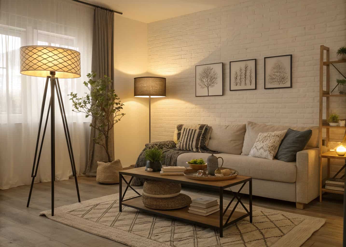 modern living room with large decorative mirror, cozy neutral decor, bright airy space