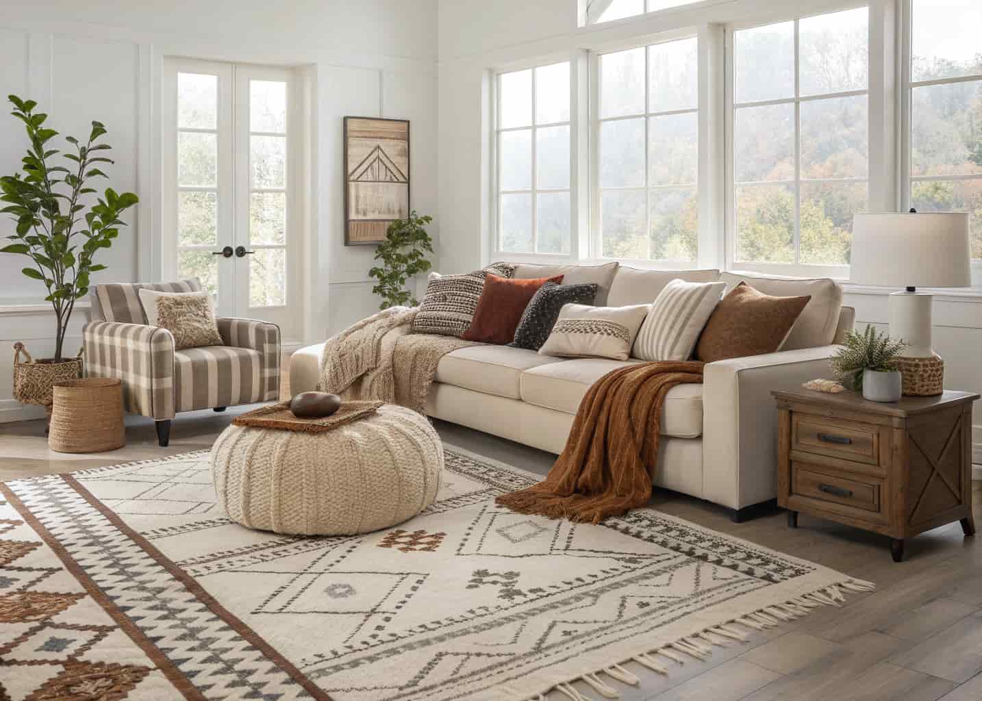 living room with patterned rugs, cushions, layered throws, neutral modern interior