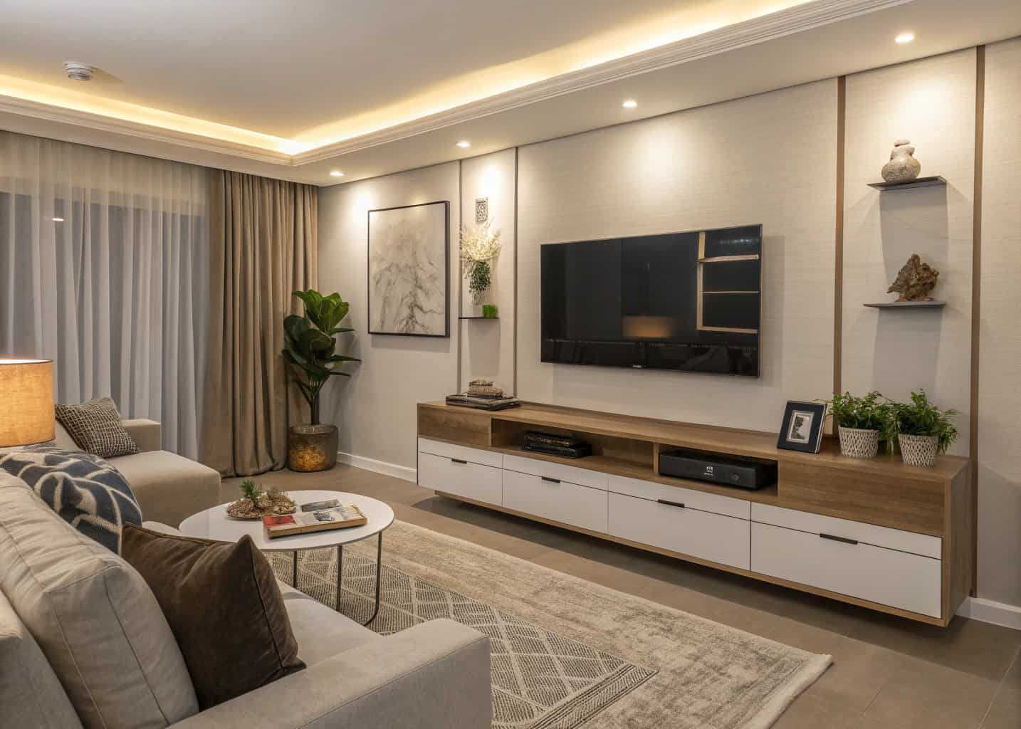 living room with sleek TV setup, floating media unit, cozy modern decor, neutral palette