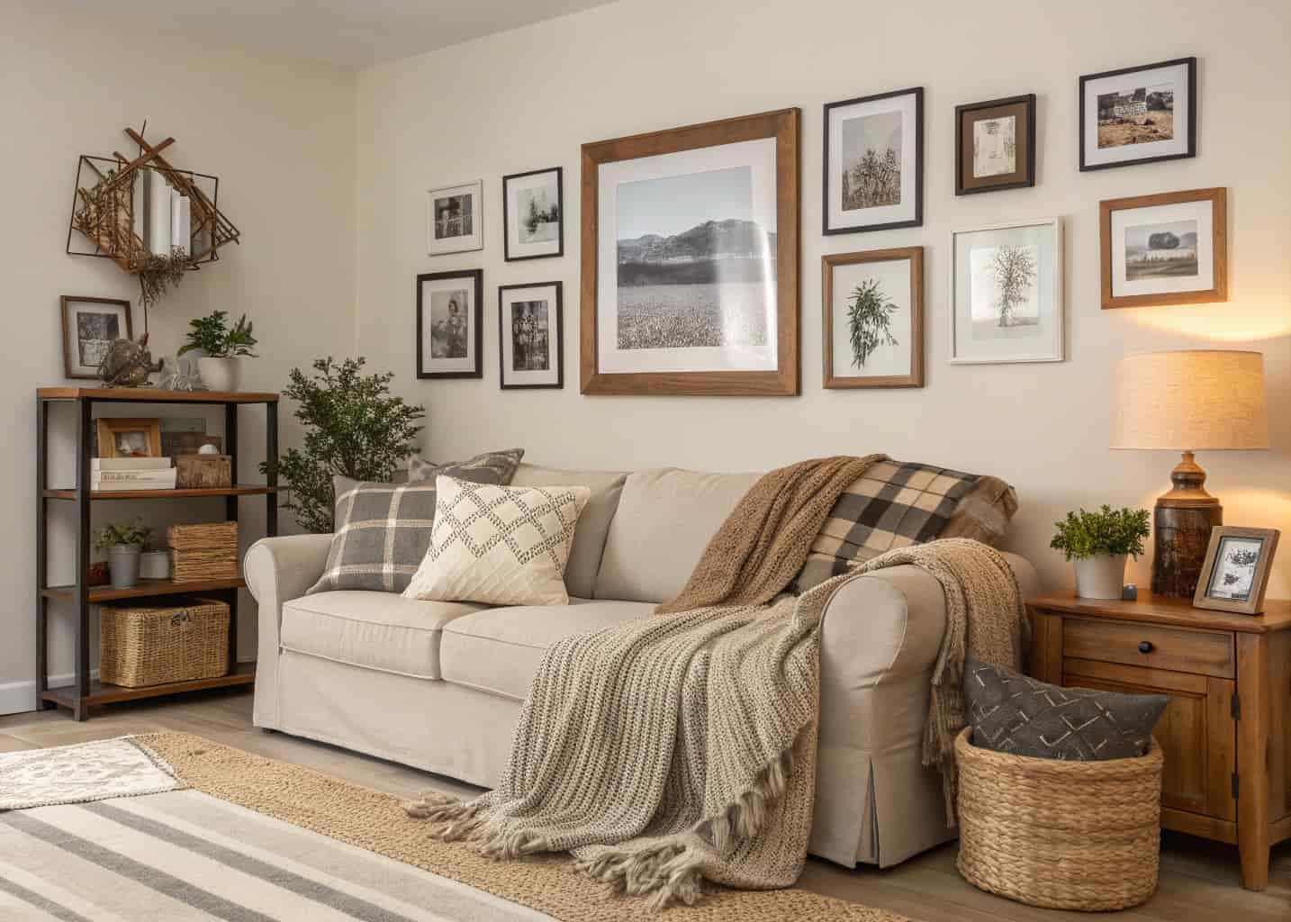living room with personal decor, framed family photos, cozy layered textiles, neutral colors