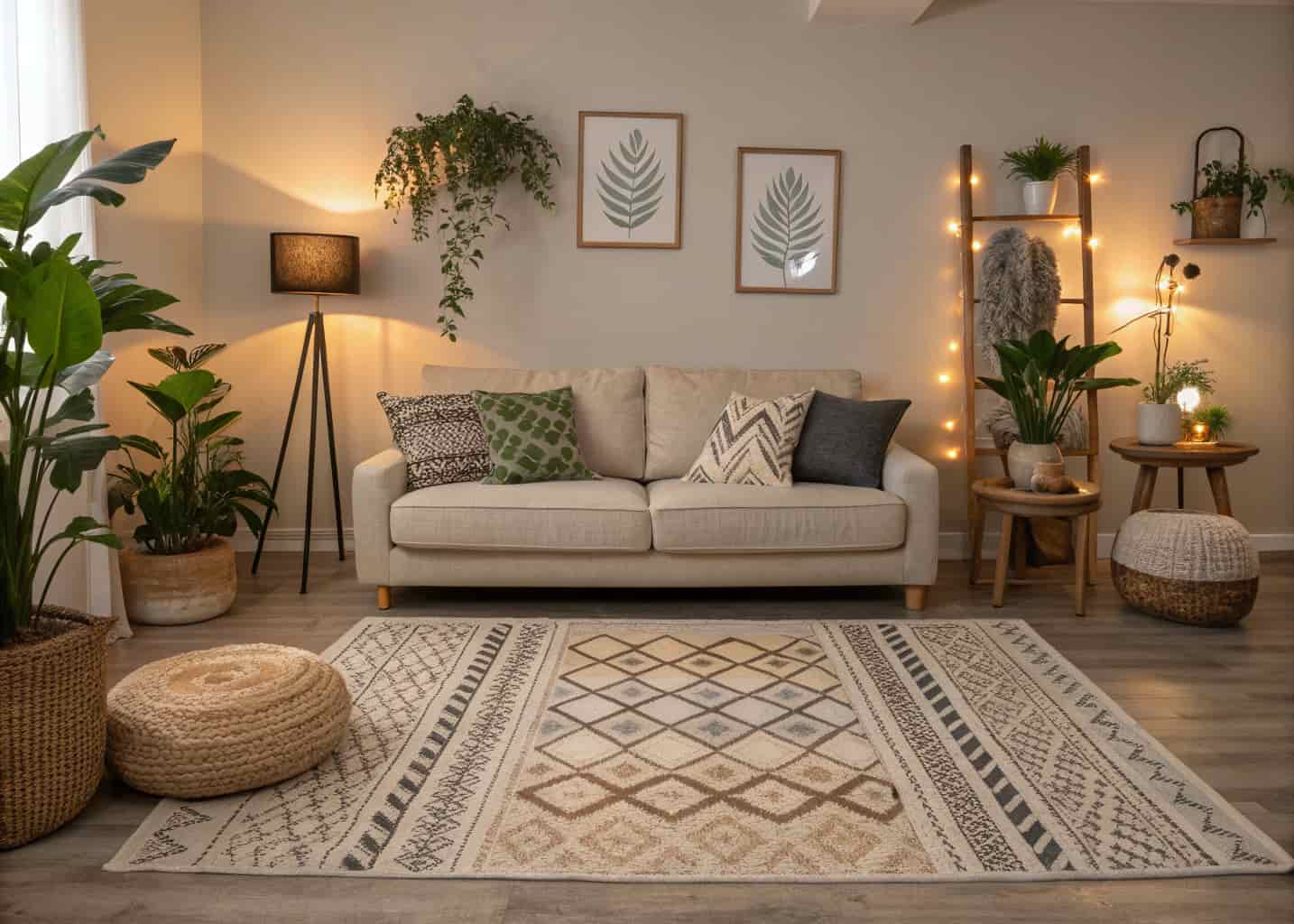 Modern living room with layered rugs, neutral base rug and patterned rug on top, cozy sofa, warm lighting, indoor plants, stylish décor, inviting and modern interior design