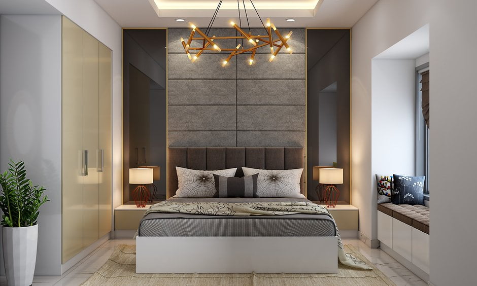 “Modern glam bedroom with velvet bed, metallic accents, plush bedding, stylish lighting, Pinterest interior photography”