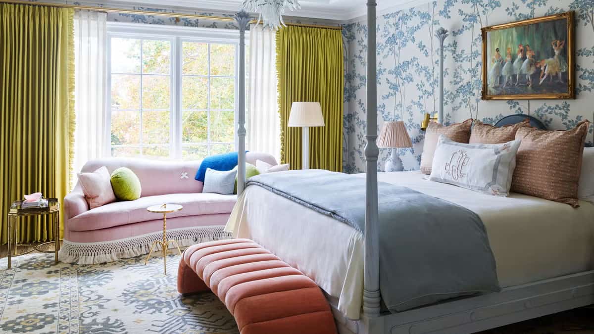 “Eclectic bedroom with bold patterns, colorful cushions, layered bedding, unique wall art, Pinterest interior photography”