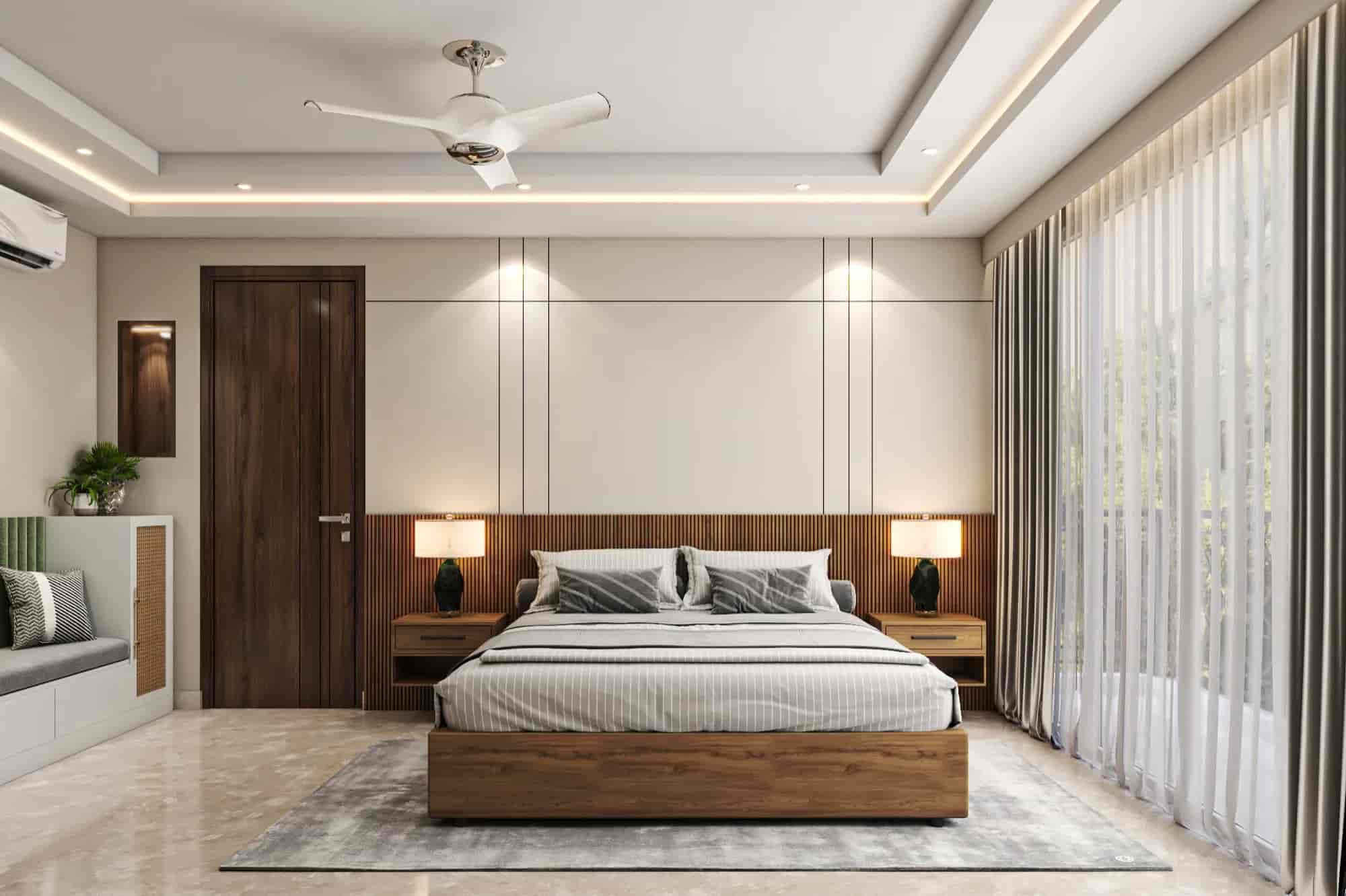 “Luxury apartment bedroom with sleek furniture, plush bedding, statement lighting, neutral tones, Pinterest interior photography”