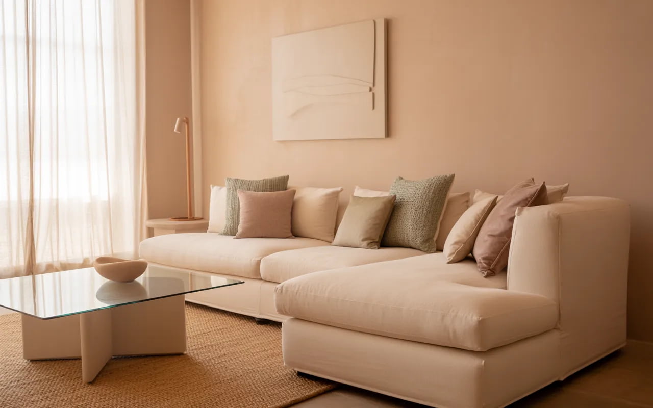small living room with neutral color palette, light walls, soft accents, modern minimal decor