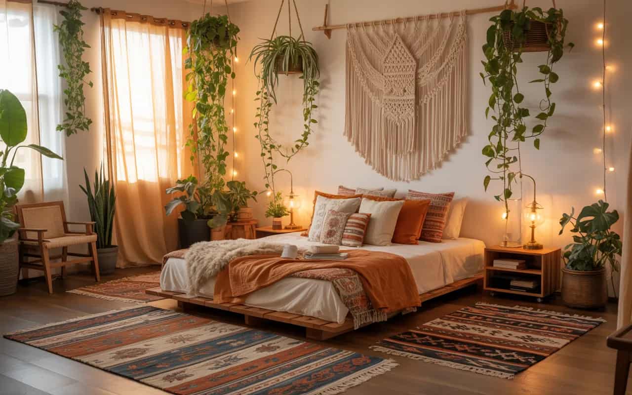 Boho-chic bedroom with layered rugs, patterned cushions, hanging plants, macramé wall decor, wooden furniture, warm lighting, Pinterest interior photography”