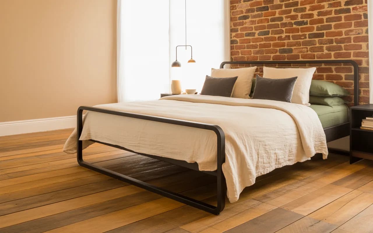 “Industrial bedroom with exposed brick wall, metal bed frame, wooden flooring, pendant lighting, neutral tones, Pinterest-style photography”