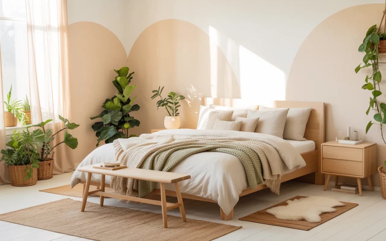 Scandinavian bedroom with neutral walls, light wood furniture, cozy bedding, indoor plants, layered rugs, Pinterest aesthetic photography”