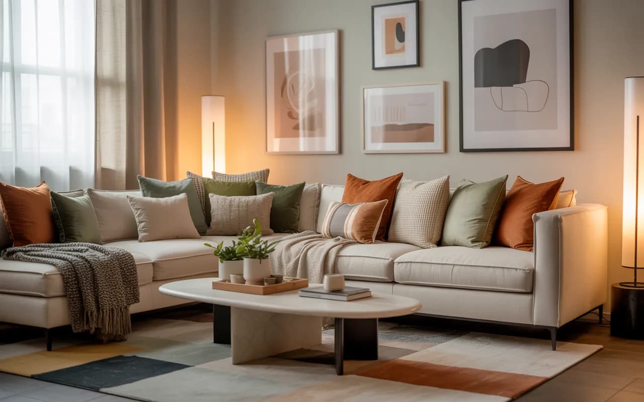 stylish small living room decor, throw pillows, area rug, wall art, cozy modern style